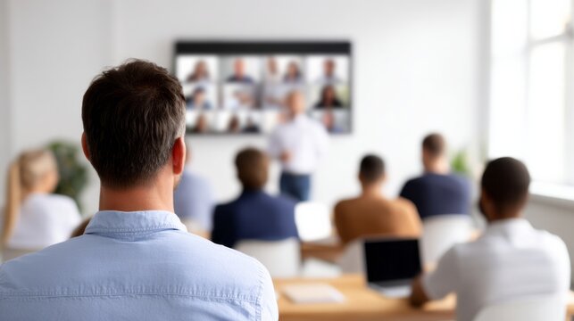 People attending a business hybrid conference in office, integrating in person and online participants on large screen