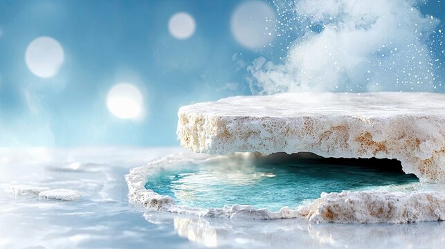 A textured, layered mineral formation with a vibrant turquoise pool of water and rising steam against a soft blue sky with bokeh lights.