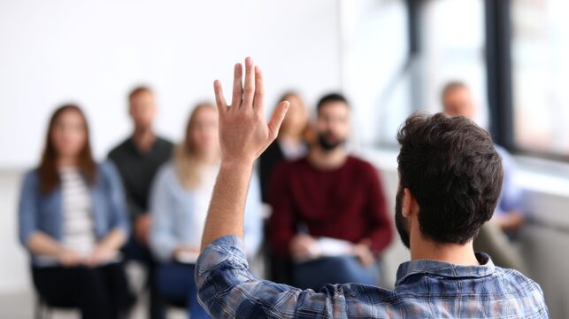 Man in discussion raising hand for participation, asking a question during a business meeting or seminar - Powered by Adobe
