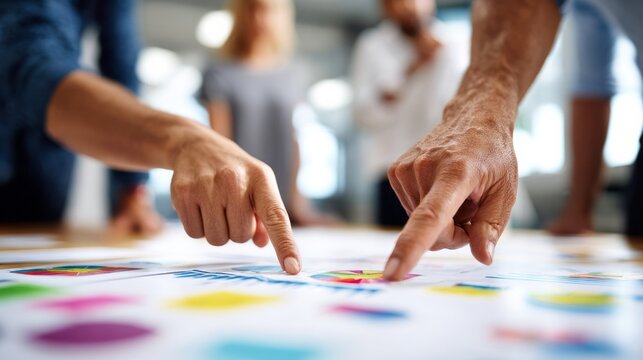 Business professionals analyzing data and charts during a meeting, hands pointing at documents