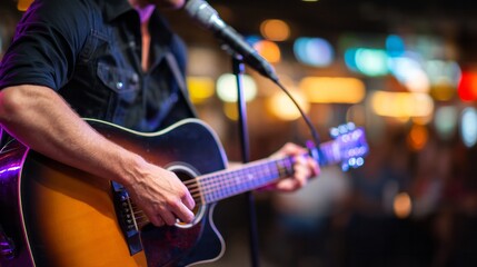 Obraz premium Musician performing live acoustic guitar, singing into a microphone on stage at a pub or club with bokeh lighting