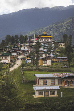 Gangtey, Bhutan - 21 September 2025: View of Gangtey Monastery perched atop a hill, overlooking the village with its traditional Bhutanese architecture and the Phobjikha Valley's lush greenery.