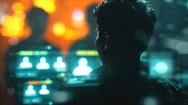 Person viewing digital user profiles on a futuristic screen, monitoring data and information with advanced technology