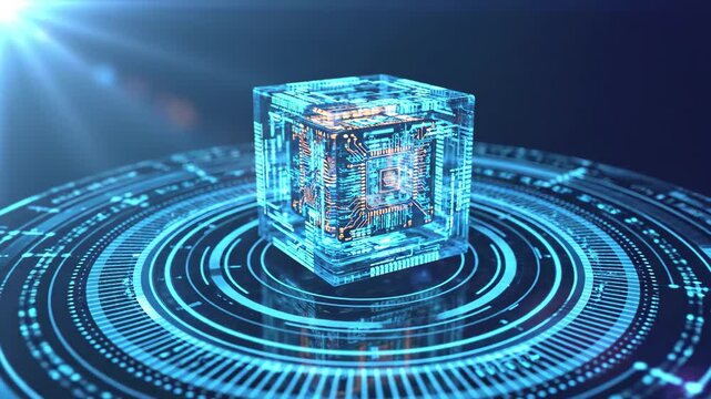 Quantum computing concept glowing blue cube with circuit board on digital platform