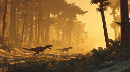Prehistoric Dinosaurs Roaming Ancient Forest at Sunset with Tall Trees and Lush Vegetation