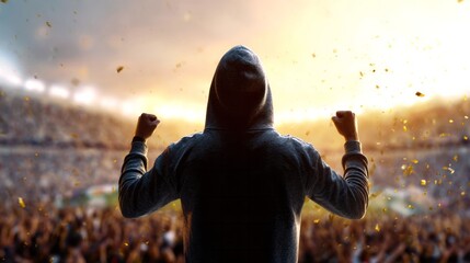 Champion celebrating victory achieving success with arms raised in crowded stadium while golden confetti falling