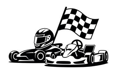 A go-kart and helmet beside a checkered flag symbolize racing and speed.