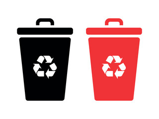 Two trash cans, one red and one black, with recycling symbols.