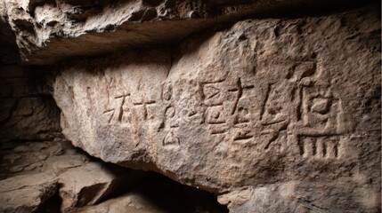 Ancient Chinese Carved Rock Inscription Engraved on Stone Surface in Cave