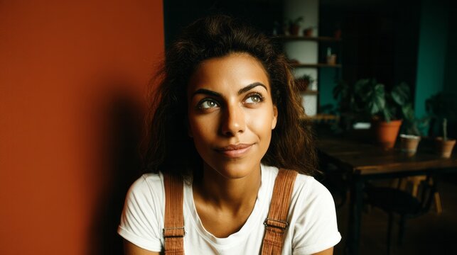 Young woman with green eyes looking up, having a thoughtful expression and a subtle smile, finding inspiration indoors