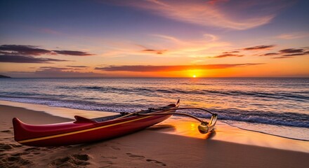Coastal scene with canoe at sunset serene ocean water and horizon view