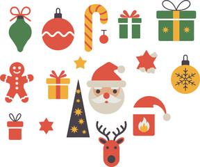 Christmas icons collection, festive holiday elements, Santa Claus, reindeer, gifts, ornaments, vector illustration, flat design, seasonal decoration, celebration
