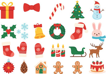 Christmas festive icons, snowman, reindeer, gift box, stocking, tree, cake, flat vector illustration, holiday symbols, winter celebration