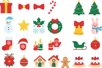 Christmas festive icons, snowman, gift box, stocking, tree, ornament, cake, flat vector illustration, holiday symbols, winter celebration