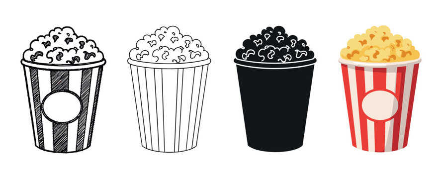 Set of four popcorn bucket illustrations showing different graphic styles, including a hand-drawn sketch, a simple line art outline, a black silhouette, and a full-color cartoon version