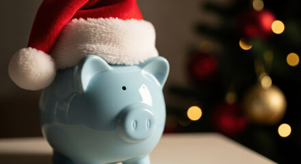 Festive Savings Piggy Bank with Santa Hat and Christmas Tree Decoration Conceptual Money Banking Investment Holiday Season