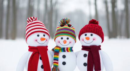 Festive Snowmen Trio with Scarves and Hats Enjoying Winter Season Together in Snowy Forest Scene