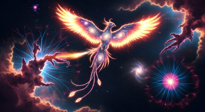 Cosmic Phoenix Soaring Through Starry Sky - Powered by Adobe