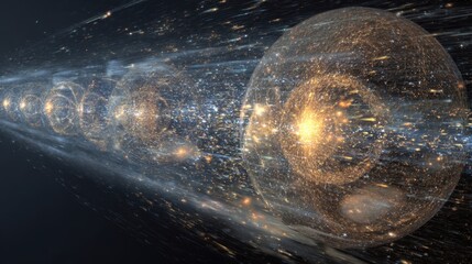 Conceptual Image of the Universe Expanding with Spherical Light Orbs and Cosmic Particles