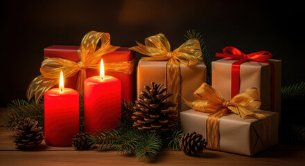 Gifts with Bows and Candles Holiday Still Life Festive Decorations Presents Wrapped Warm Light and Pine Cones for Celebrations