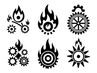 A collection of stylized gear and flame icons representing industry and power.