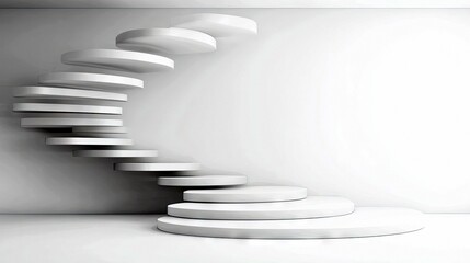 A contemporary, minimalist interior featuring a sleek, white spiral staircase with disc-shaped steps. The staircase curves upwards against a plain white wall, b