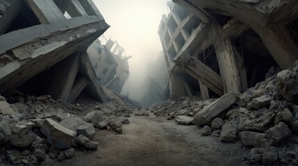 Destruction and Ruins of Collapsed Concrete Buildings in a Debris-Strewn Urban Area