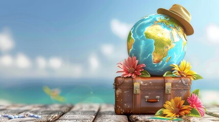 3d illustration of globe featuring travel insurance icons, suitcase, and passport elements