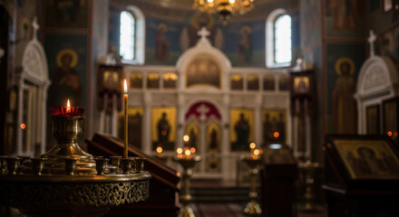 Illuminated Orthodox Church Interior with Candles and Religious Icons Spiritual Place of Worship Architecture Art