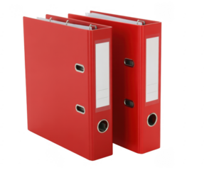 Two red ring binders with white label holders isolated on a transparent background