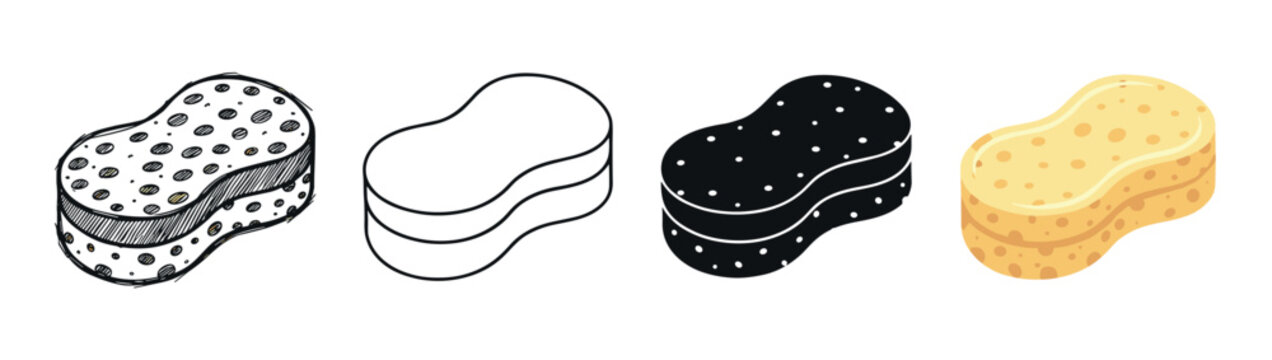 Set of four sponge icons in different artistic styles including doodle, outline, silhouette, and flat cartoon for cleaning or bathing concepts, presented as a vector illustration collection