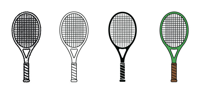 Four tennis racket illustrations in different graphic styles including sketch, outline, silhouette, and color, showing a collection of sports equipment icons for design