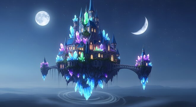 Fantasy crystal castle floating in night sky with full moon - Powered by Adobe