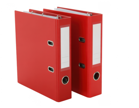 Two red ring binders with white label holders isolated on a transparent background