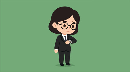 Cartoon businesswoman checking watch expressing concern or urgency.