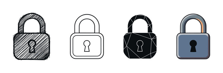 Set of four padlock icons with different graphic design styles including sketch, line art, geometric silhouette, and cartoon illustration for security and privacy concepts