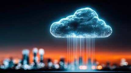 Digital rainfall virtual cloud phenomenon over skyline urban landscape futuristic technology artistic interpretation