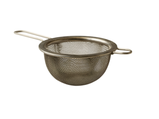 Metal sieve with handle for kitchen use, isolated on black