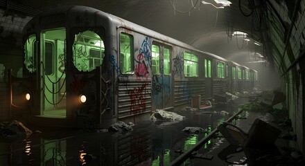 Derelict subway car in flooded tunnel with graffiti and debris