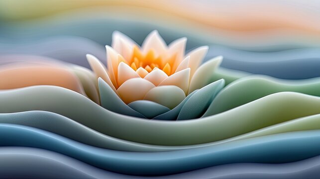 A single, delicate lotus flower with orange and white petals emerges from abstract, flowing waves of blue, green, and peach colors. The lighting is soft and dif
