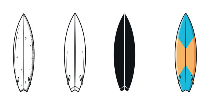 Set of four surfboard illustrations in different artistic styles, including a detailed hand-drawn sketch, a minimal outline, a solid black silhouette, and a vibrant full-color version