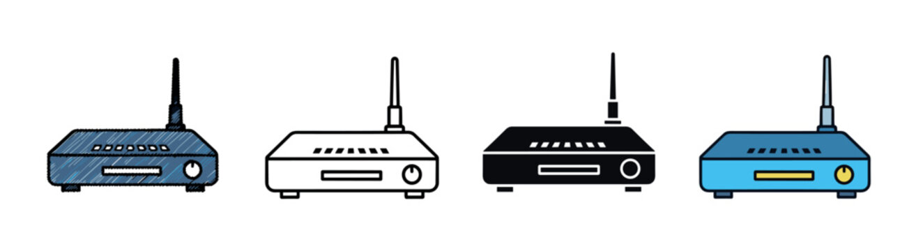 Set of four wireless router icons in different artistic styles including hand-drawn sketch, simple line art, solid glyph, and flat color for representing internet connectivity