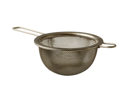 Metal sieve with handle for kitchen use, isolated on black