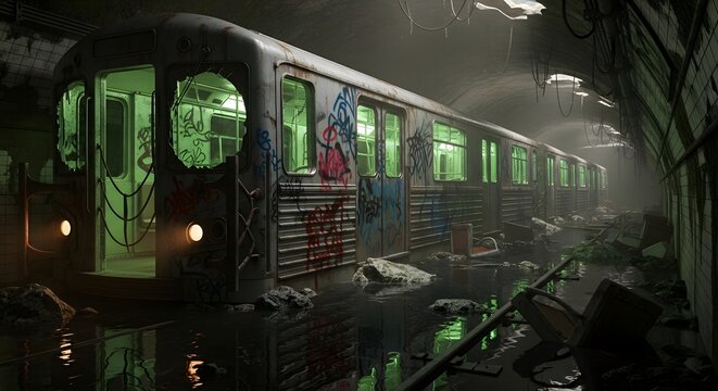 Derelict subway car in flooded tunnel with graffiti and debris
