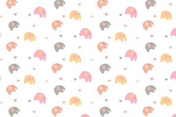Cute seamless pattern with small pastel elephants and hearts on a white background. Perfect for baby, nursery, or playful design projects.