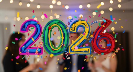 Colorful ribbon curls and confetti forming the text 2026 on a bright party background for a lively happy new year mood