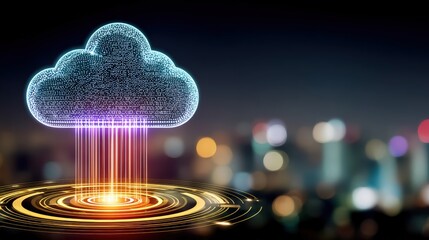 Cloud computing innovation urban cityscape digital art futuristic environment aerial view data management revolution