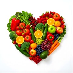 Heart made from fruits and vegetables on white background, creative health diet concept for wellness.