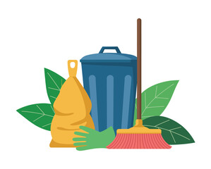A broom, trash can, and garbage bag represent cleaning and waste management.