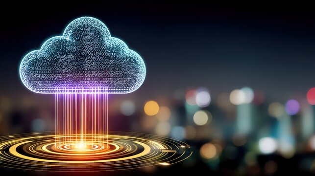 Cloud computing innovation urban cityscape digital art futuristic environment aerial view data management revolution